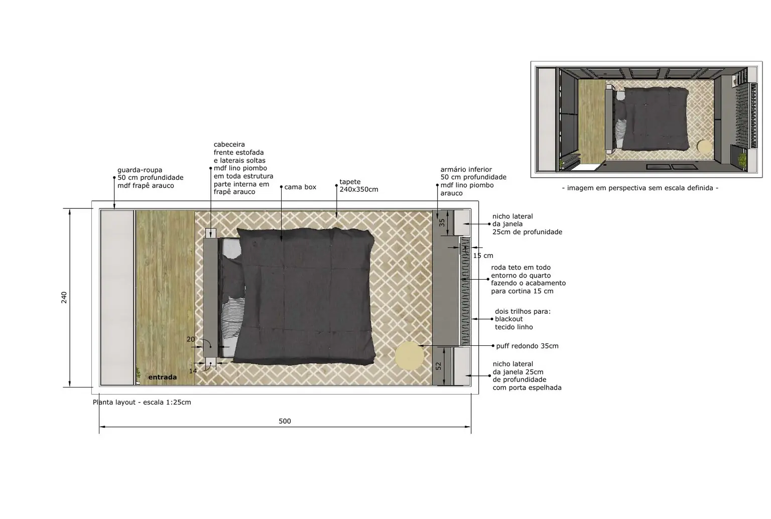 Dormitório do Projeto de Interiores A.C.: a planta de layout, com a cabeceira, o guarda-roupa e o tapete