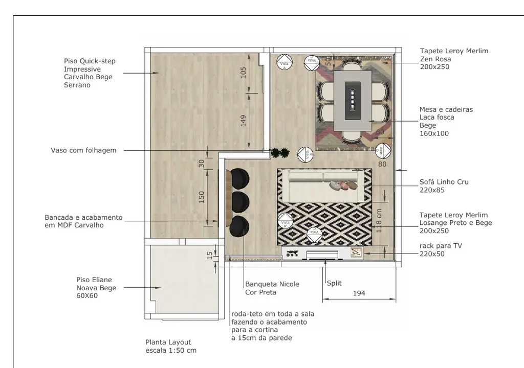 Sala do Projeto de Interiores A.C.: a planta de layout, com a mesa junto à cozinha e a área de estar