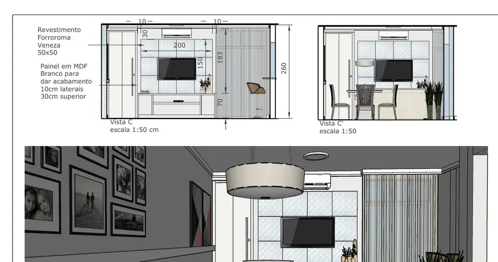 Sala do Projeto de Interiores A.C.: Vista C, a parede da TV com o painel em MDF branco