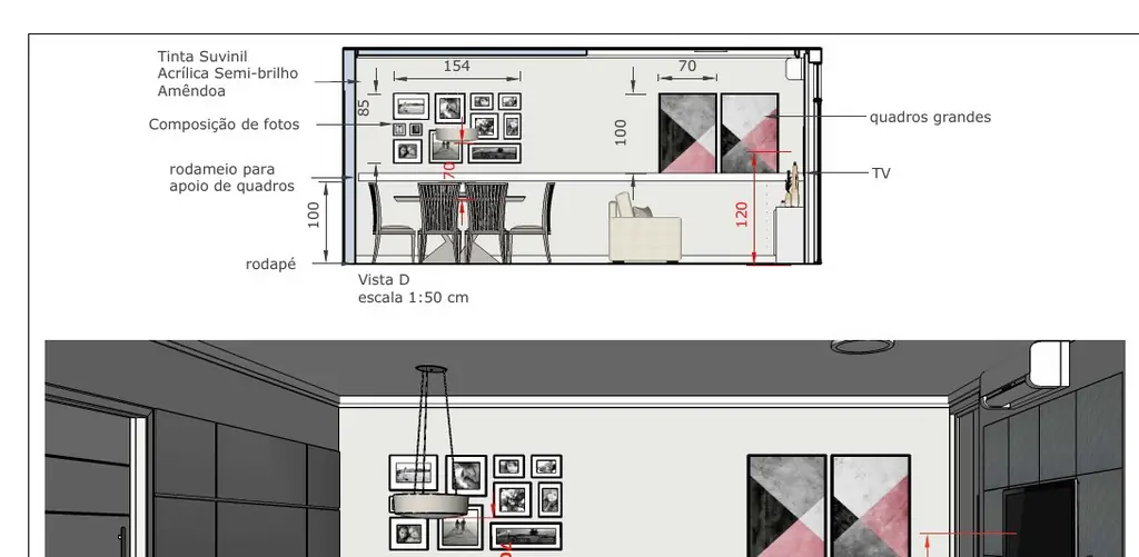 Sala do Projeto de Interiores A.C.: o desenho da parede da mesa e a vista da área de estar e jantar