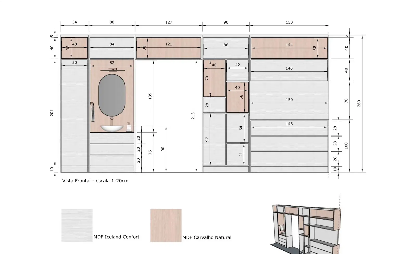 Projeto Ale: o detalhamento da estante em vista frontal, com medidas e os dois MDF