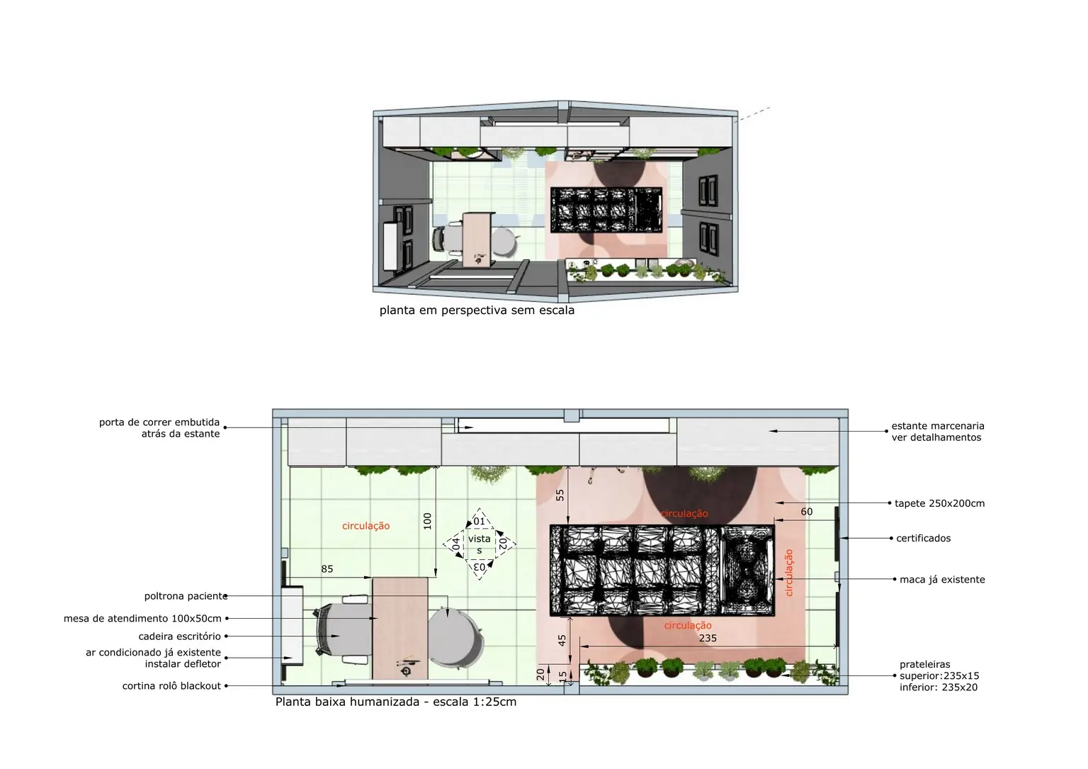 Projeto Ale: a planta humanizada da sala de atendimento, com a estante, a maca e a mesa