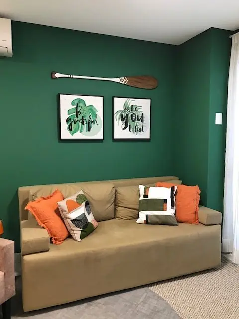 Apartamento Ingleses: o sofá reformado com as almofadas, os quadros e o remo na parede verde