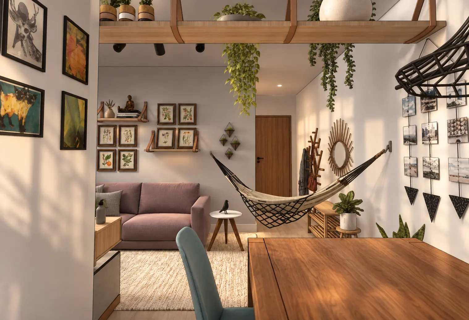 A sala do Apartamento Escandinavo, com o sofá rosado, a rede e as plantas