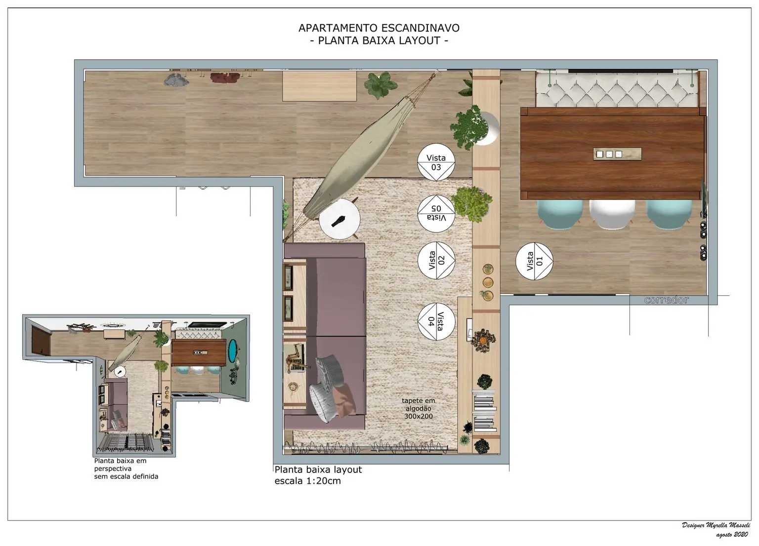 Apartamento Escandinavo: a planta baixa de layout, com a rede na sala de estar e a mesa de jantar