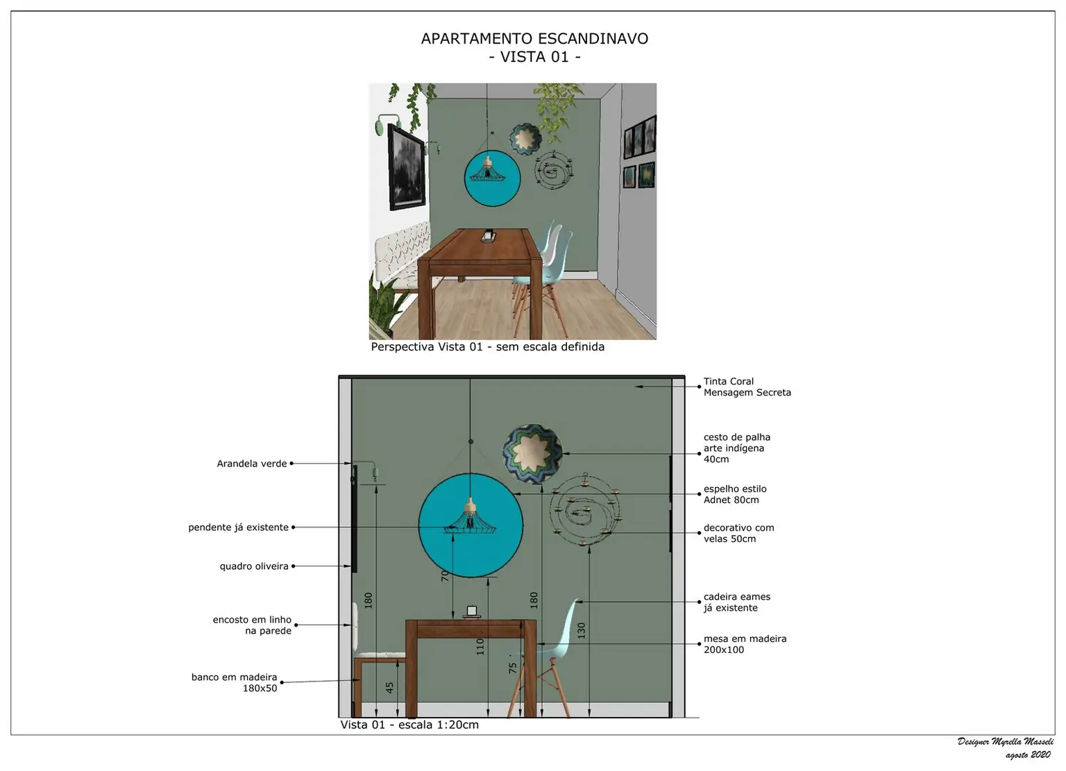 Apartamento Escandinavo: Vista 01, a sala de jantar com a mesa em madeira, o banco encostado na parede e as cadeiras Eames