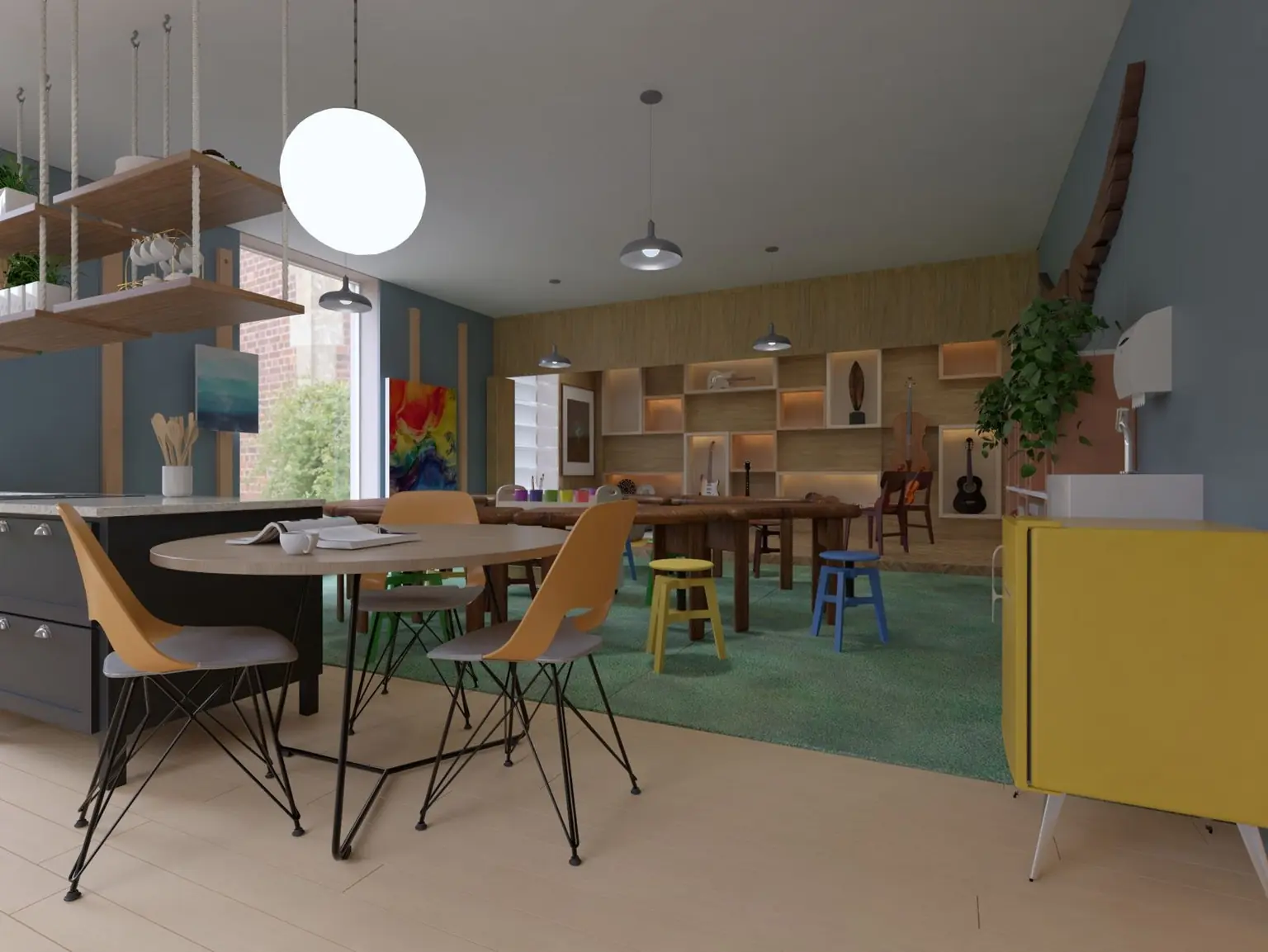 Ateliê da Alegria Criativa: a cozinha, com o frigobar vintage amarelo e as mesas de encontro