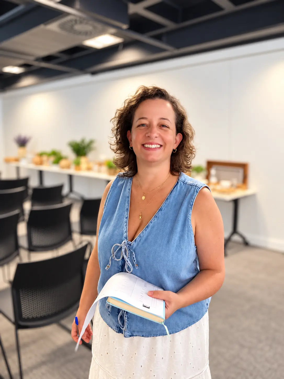 Myrella Masseli sorrindo, de colete jeans, com um caderno aberto na mão, em uma sala de aula com cadeiras pretas
