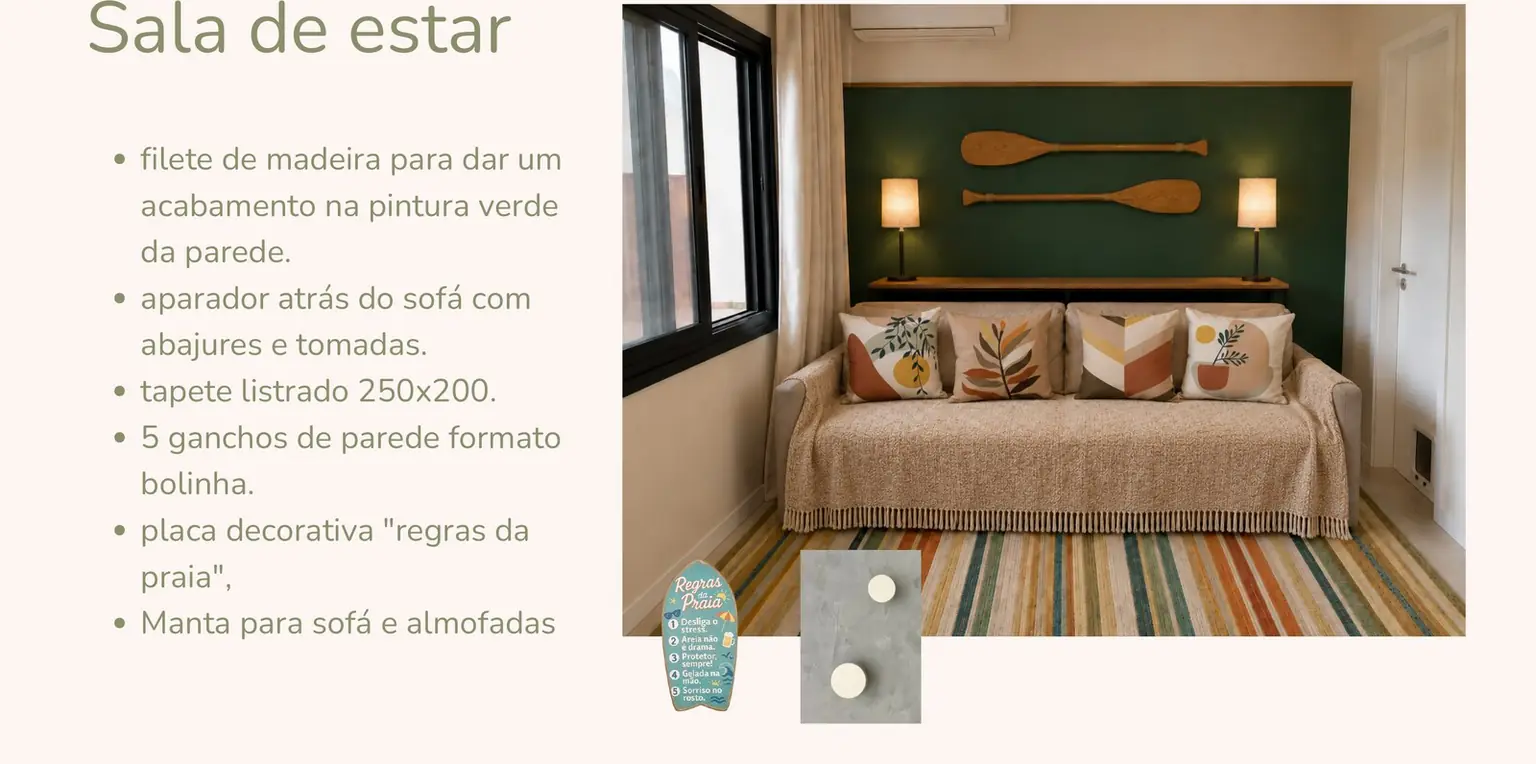 Sobrado Ingleses: a prancha da sala de estar, com a lista de decisões do ambiente ao lado da fotografia da sala