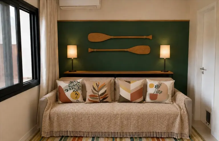 Sala de estar do Sobrado Ingleses, com o sofá diante da parede verde e os remos de madeira