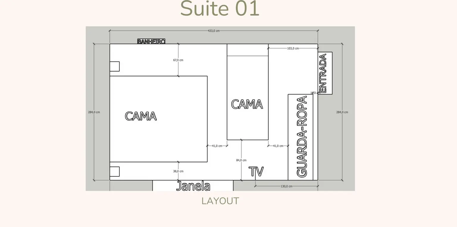 Sobrado Ingleses: o layout da Suíte 01, com as duas camas, o guarda-roupa, a TV e a janela